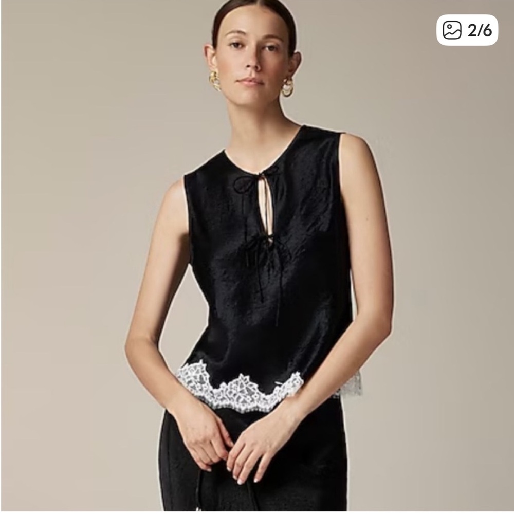 J. Crew Black Silk Shell Top with White Lace Trim